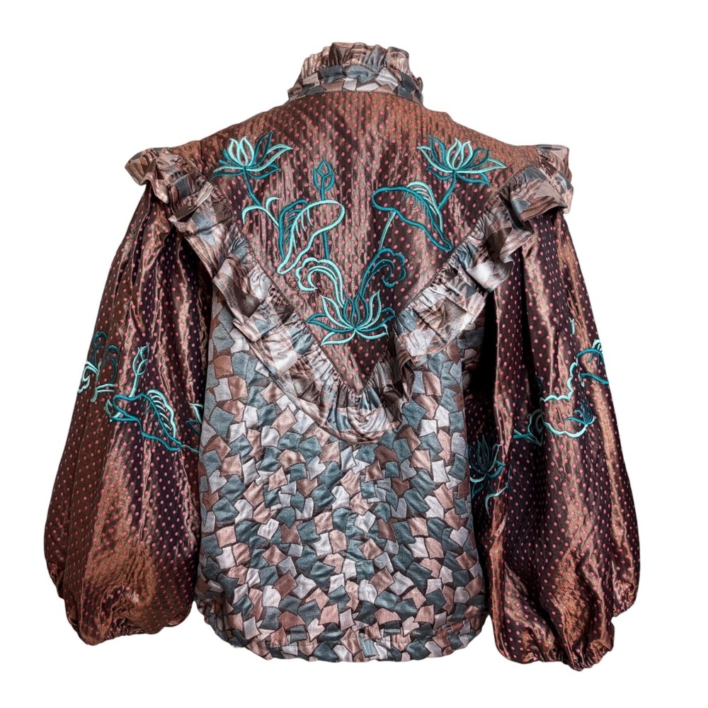 Vintage Diane Freis Top L Brown Floral Dot Puff Sleeve Boho Prairie Blouse - Picture 4 of 12